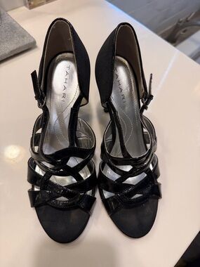 Tahari Black Strappy Patent Dress Heels